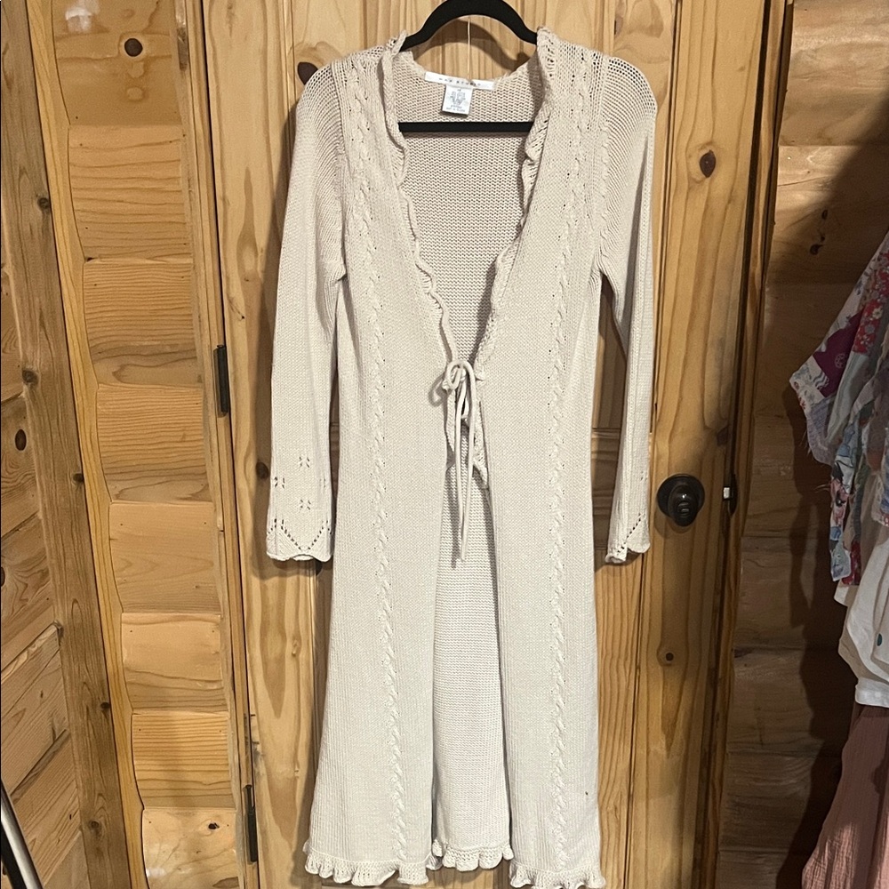 Max Studio Cream Long Knit Cardigan with Tie Front